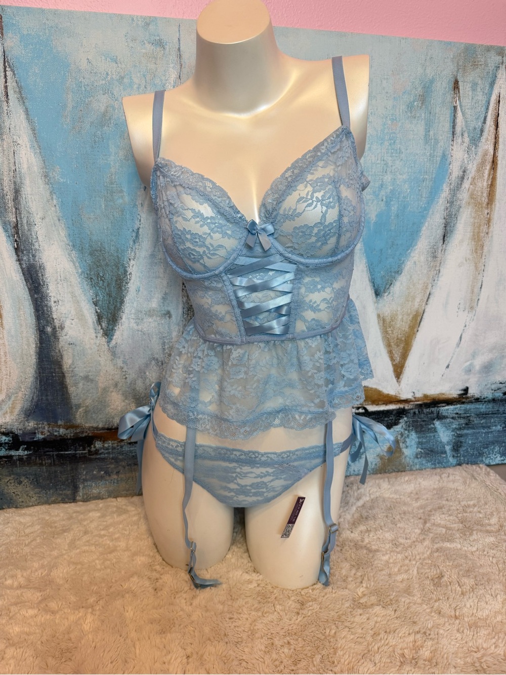 Adore Me Light Blue Lace Peplum Bralette & Garter Set